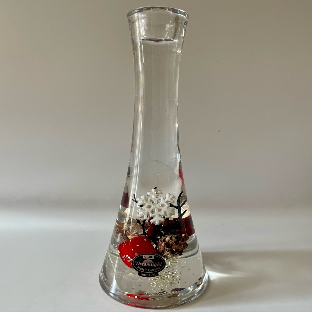 Glass Candlestick Holder Red Berries, Snowflake, Christmas, 7"